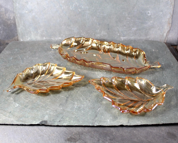 Set of 3 Amber Glass Leaf Dishes | Vintage Autumn Glass Serving Dishes | Halloween Table | Thanksgiving Table | Bixley Shop