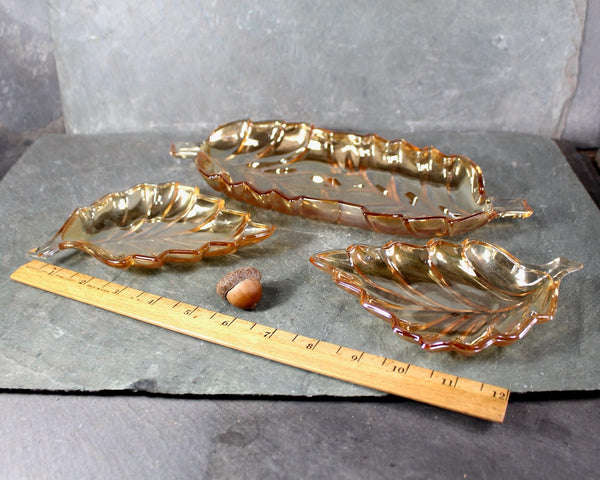 Set of 3 Amber Glass Leaf Dishes | Vintage Autumn Glass Serving Dishes | Halloween Table | Thanksgiving Table | Bixley Shop