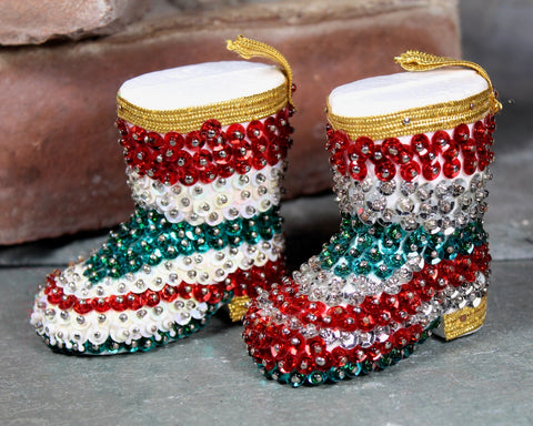 Vintage Sequins Santa Boot Ornaments | Set of 2 | Mid-Century Christmas Ornaments, circa 1960s