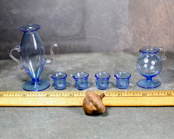 RARE! Antique Fine Glass Dollhouse Scale Pitchers and Cups | Blue Glass Miniature 2 Pitchers and 4 Cups | Bixley Shop