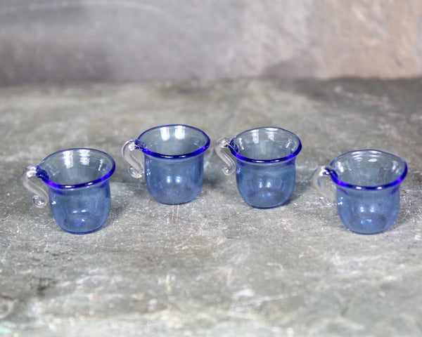 RARE! Antique Fine Glass Dollhouse Scale Pitchers and Cups | Blue Glass Miniature 2 Pitchers and 4 Cups | Bixley Shop
