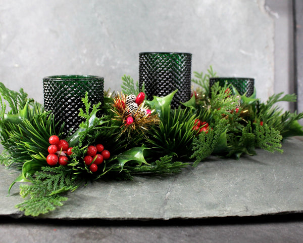 Vintage 1970s Christmas Centerpiece 3-Candle Holder | Vintage Christmas Greenery Candleholder