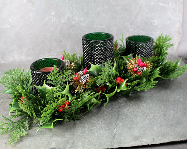 Vintage 1970s Christmas Centerpiece 3-Candle Holder | Vintage Christmas Greenery Candleholder