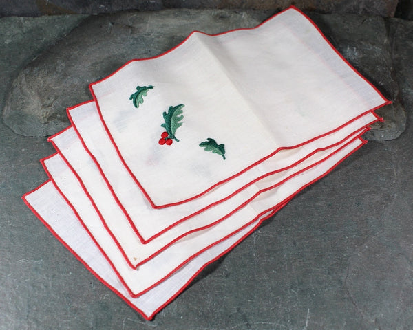 Set of 5 Vintage Handkerchiefs with Embroidered Holly Leaves and Berries | Linen Handkerchiefs | Vintage Holiday | Bixley Shop