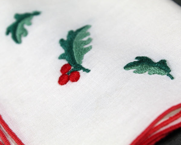 Set of 5 Vintage Handkerchiefs with Embroidered Holly Leaves and Berries | Linen Handkerchiefs | Vintage Holiday | Bixley Shop