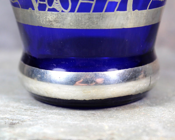 Vintage Cobalt Blue Small Vase with Silver Overlay | Cobalt Vase with Venetian Scene in Silver | 8 Ounce Vase | Bixley Shop