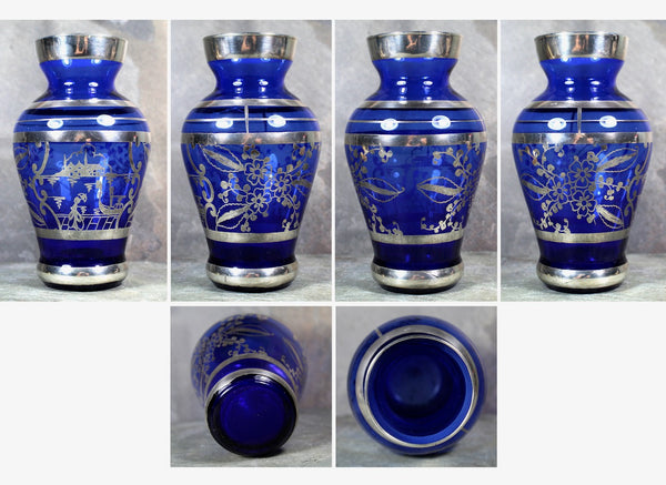 Vintage Cobalt Blue Small Vase with Silver Overlay | Cobalt Vase with Venetian Scene in Silver | 8 Ounce Vase | Bixley Shop