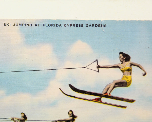 Cypress Gardens Postcard Mounted and Framed | Unused Vintage Postcard Florida Water Skiing | Mounted Under Glass 5"x7" | Bixley Shop