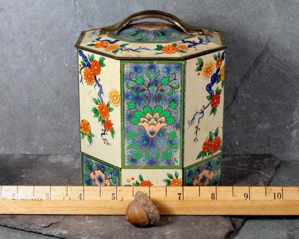 Unique Six Sided Candy Tin - Vintage Collector Tin - Vintage Floral Tin - circa 1950s - Vintage Tin