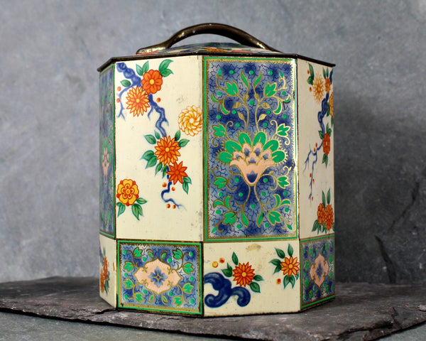 Unique Six Sided Candy Tin - Vintage Collector Tin - Vintage Floral Tin - circa 1950s - Vintage Tin