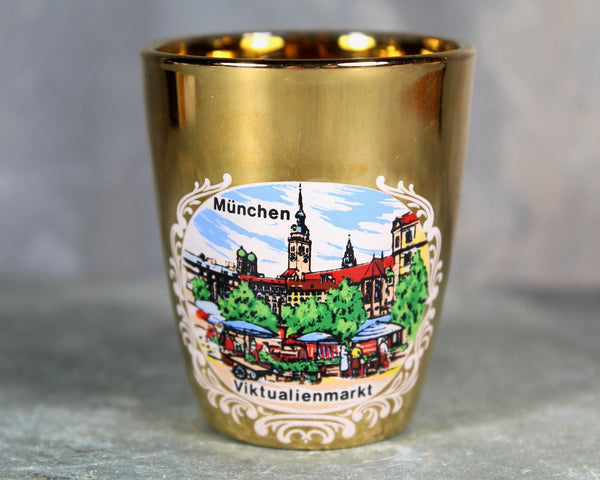 Set of 4 Mid-Century Munich Germany Shot Glasses | Gold Glassware | Mid-Century circa 1960s | 1 Oz Glasses | Bixley Shop