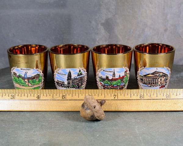 Set of 4 Mid-Century Munich Germany Shot Glasses | Gold Glassware | Mid-Century circa 1960s | 1 Oz Glasses | Bixley Shop