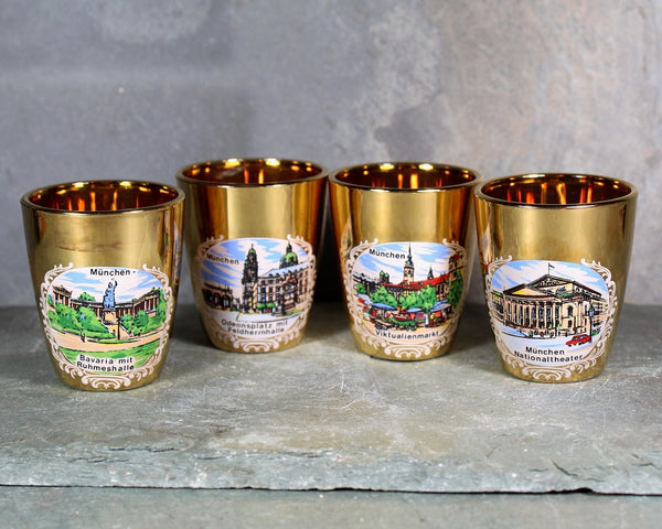Set of 4 Mid-Century Munich Germany Shot Glasses | Gold Glassware | Mid-Century circa 1960s | 1 Oz Glasses | Bixley Shop