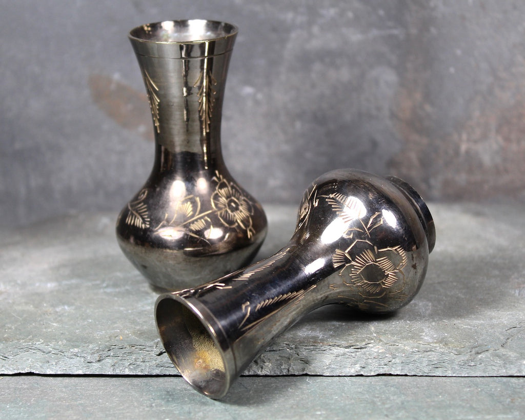 Vintage Brass Vases, Pair of Etched Vases, Indian Brass Vase