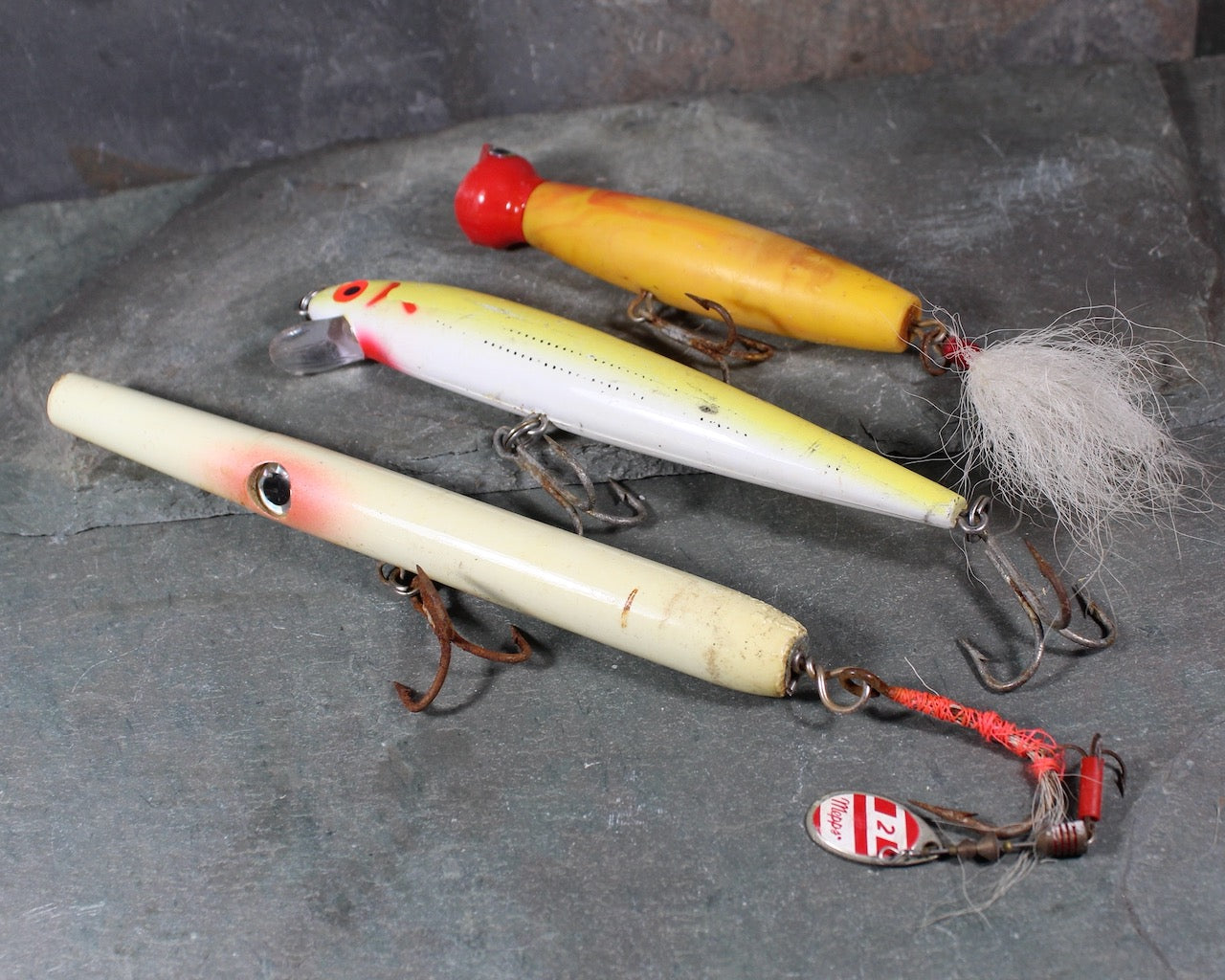 Set of 3 Vintage Large Fishing Lures | Circa 1950s | 1 Wooden and 2 Plastic Large Fishing Lures | Bixley Shop Set of 3 Vintage Large Fishing Lures | Circa 1950s | 1 Wooden and 2 Plastic Large Fishing Lures | Bixley Shop