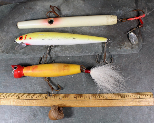 Set of 3 Vintage Large Fishing Lures | Circa 1950s | 1 Wooden and 2 Plastic Large Fishing Lures  | Bixley Shop