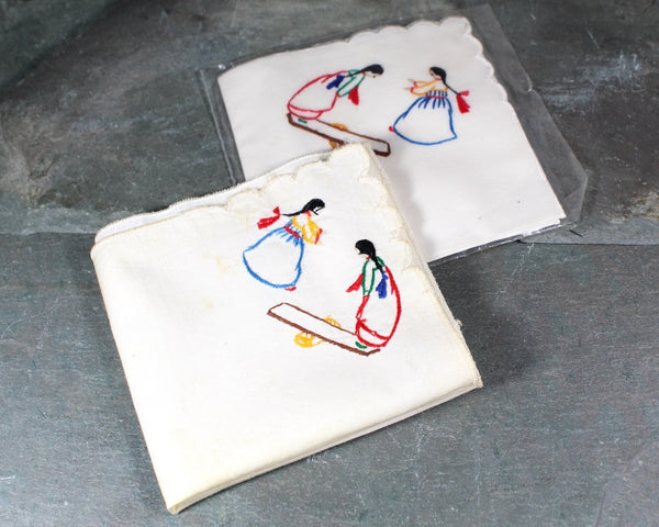 Set of 2 Vintage Embroidered Handkerchiefs and 2 Embroidered Napkins | Native American Designs | Vintage Linens | Bixley Shop