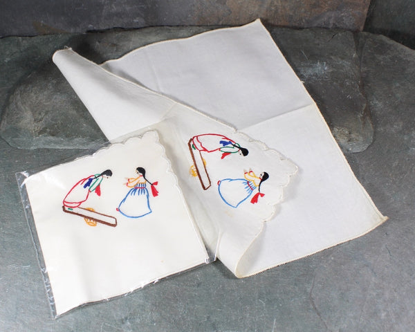 Set of 2 Vintage Embroidered Handkerchiefs and 2 Embroidered Napkins | Native American Designs | Vintage Linens | Bixley Shop