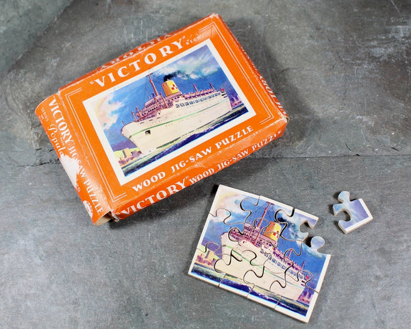 Set of 3 Vintage Puzzles | 2 Wooden, 1 Cardboard Small Scale Puzzles | Ocean Liner, Snowy Landscape, & Military Parade Themes | Bixley Shop