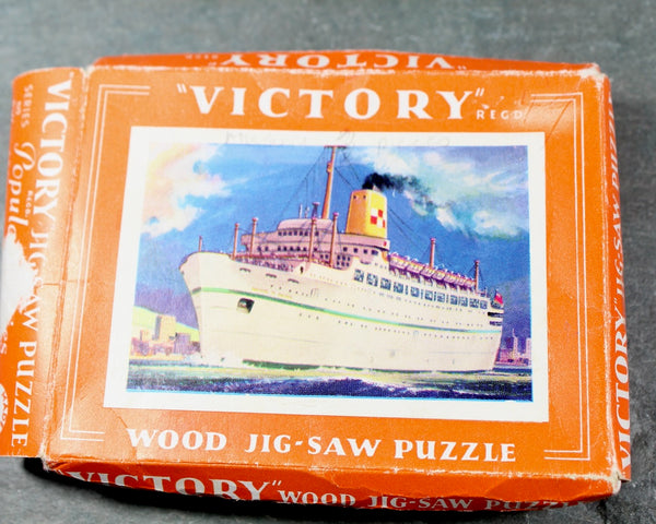 Set of 3 Vintage Puzzles | 2 Wooden, 1 Cardboard Small Scale Puzzles | Ocean Liner, Snowy Landscape, & Military Parade Themes | Bixley Shop