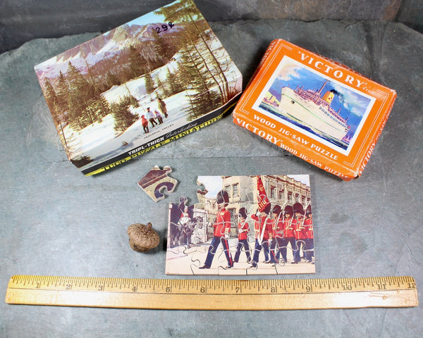 Set of 3 Vintage Puzzles | 2 Wooden, 1 Cardboard Small Scale Puzzles | Ocean Liner, Snowy Landscape, & Military Parade Themes | Bixley Shop