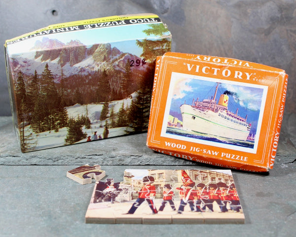 Set of 3 Vintage Puzzles | 2 Wooden, 1 Cardboard Small Scale Puzzles | Ocean Liner, Snowy Landscape, & Military Parade Themes | Bixley Shop