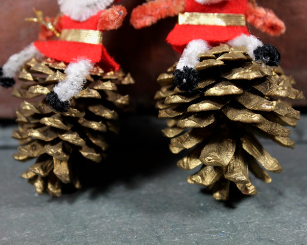 Vintage Christmas Pine Cone Character Ornaments | Set of 4 Spun Cotton Santas & Elves | Circa 1950s