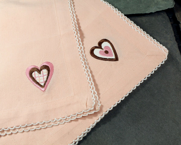 Set of 5 Vintage Peachy Pink Cotton Handkerchiefs/Napkins with Embroidered Hearts | Vintage Wedding | Vintage Valentine's Day | Bixley Shop