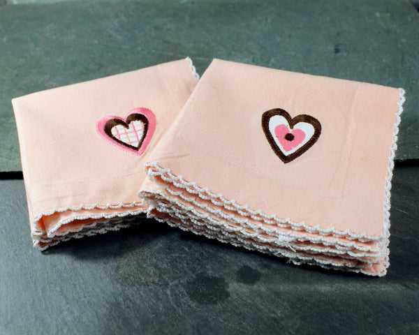 Set of 5 Vintage Peachy Pink Cotton Handkerchiefs/Napkins with Embroidered Hearts | Vintage Wedding | Vintage Valentine's Day | Bixley Shop