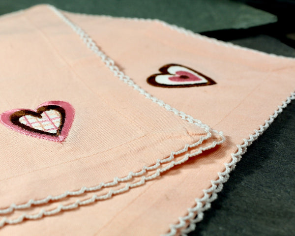 Set of 5 Vintage Peachy Pink Cotton Handkerchiefs/Napkins with Embroidered Hearts | Vintage Wedding | Vintage Valentine's Day | Bixley Shop