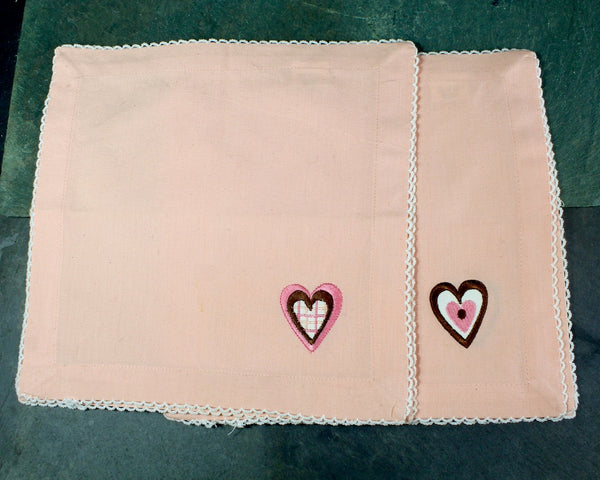 Set of 5 Vintage Peachy Pink Cotton Handkerchiefs/Napkins with Embroidered Hearts | Vintage Wedding | Vintage Valentine's Day | Bixley Shop