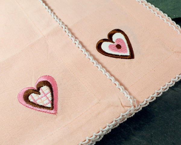 Set of 5 Vintage Peachy Pink Cotton Handkerchiefs/Napkins with Embroidered Hearts | Vintage Wedding | Vintage Valentine's Day | Bixley Shop