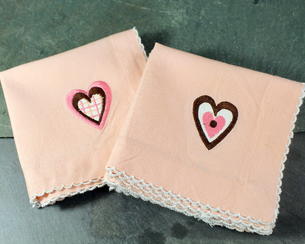 Set of 5 Vintage Peachy Pink Cotton Handkerchiefs/Napkins with Embroidered Hearts | Vintage Wedding | Vintage Valentine's Day | Bixley Shop