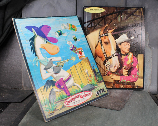 Set of 2 Vintage Frame-Tray Puzzles | Cardboard Interlocking Puzzles | Roy Rogers Puzzle | Quickdraw McGraw Puzzle | Bixley Shop