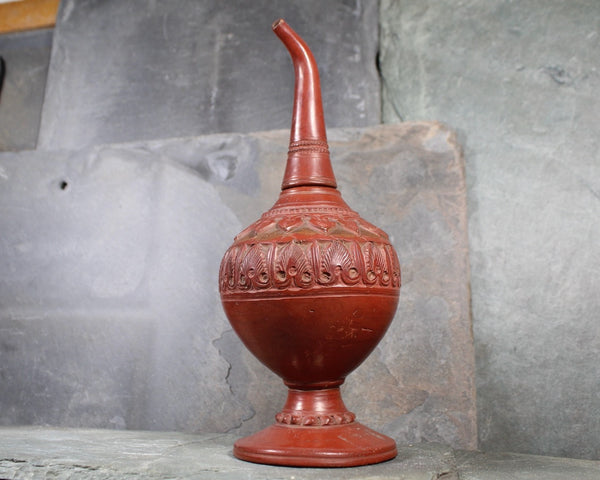 Antique Red Clay Ornately Carved Bottle | Unique Hand Crafted Design | Asian Oil Bottle | Global Decor | Bixley Shop