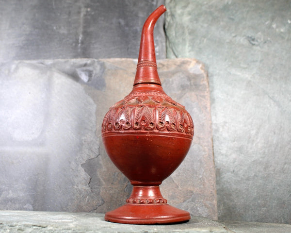 Antique Red Clay Ornately Carved Bottle | Unique Hand Crafted Design | Asian Oil Bottle | Global Decor | Bixley Shop