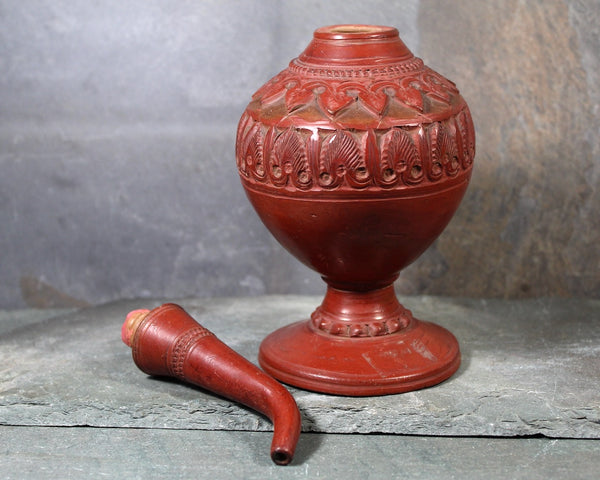 Antique Red Clay Ornately Carved Bottle | Unique Hand Crafted Design | Asian Oil Bottle | Global Decor | Bixley Shop