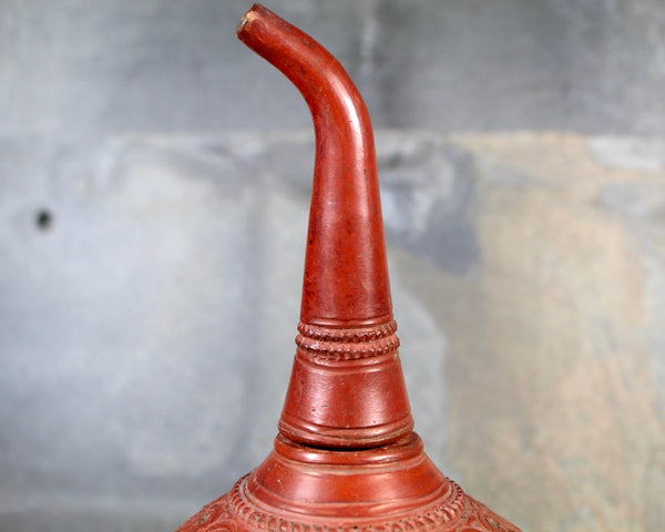 Antique Red Clay Ornately Carved Bottle | Unique Hand Crafted Design | Asian Oil Bottle | Global Decor | Bixley Shop