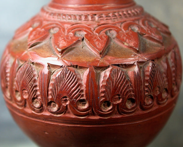 Antique Red Clay Ornately Carved Bottle | Unique Hand Crafted Design | Asian Oil Bottle | Global Decor | Bixley Shop