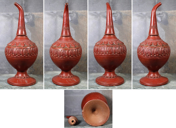 Antique Red Clay Ornately Carved Bottle | Unique Hand Crafted Design | Asian Oil Bottle | Global Decor | Bixley Shop