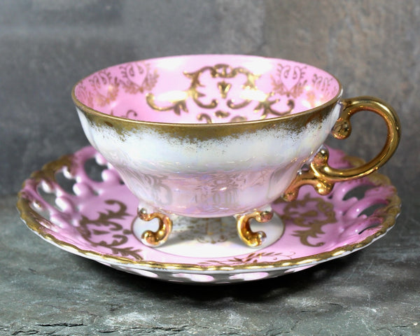 Vintage Royal Sealy China Footed Tea Cup and Saucer | Vintage Pink and Gold Tea Cup and Saucer | Bixley Shop