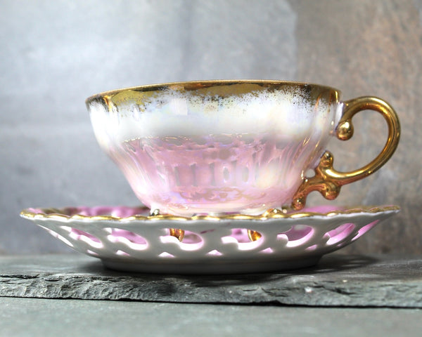 Vintage Royal Sealy China Footed Tea Cup and Saucer | Vintage Pink and Gold Tea Cup and Saucer | Bixley Shop