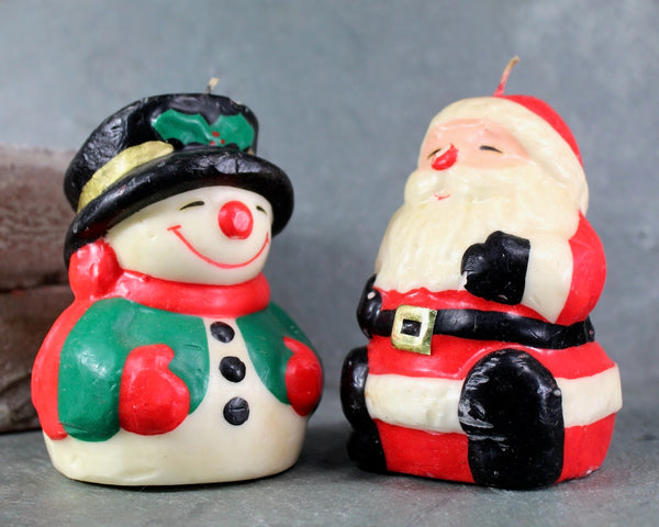 Vintage Sculpted Christmas Candle | Pair of Santa & Snowman Candles | Large 4 3/4" Holiday Candles | Bixley Shop