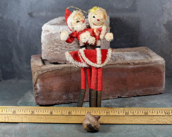 1940s Skinny Santa & Mrs. Claus Wired Ornaments | Spun Cotton and Felt Santa Ornament
