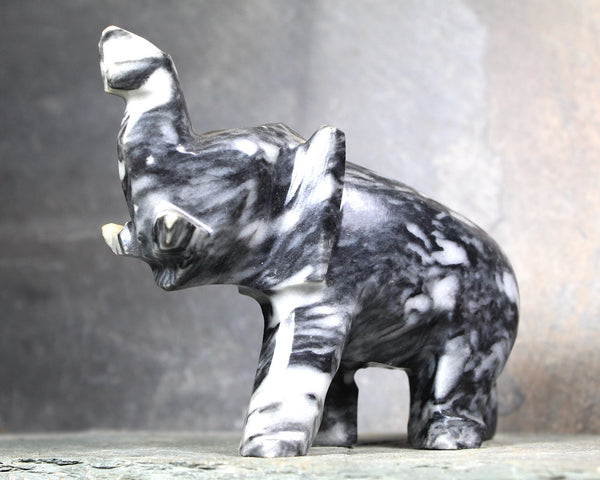 Hand Carved Stone Elephant | Collectible Stone Figurine | Carved Stone Lucky Elephant Black & White Stone | Bixley Shop