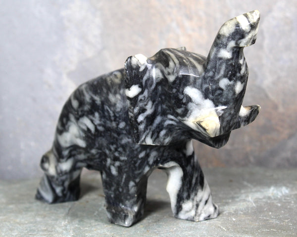 Hand Carved Stone Elephant | Collectible Stone Figurine | Carved Stone Lucky Elephant Black & White Stone | Bixley Shop