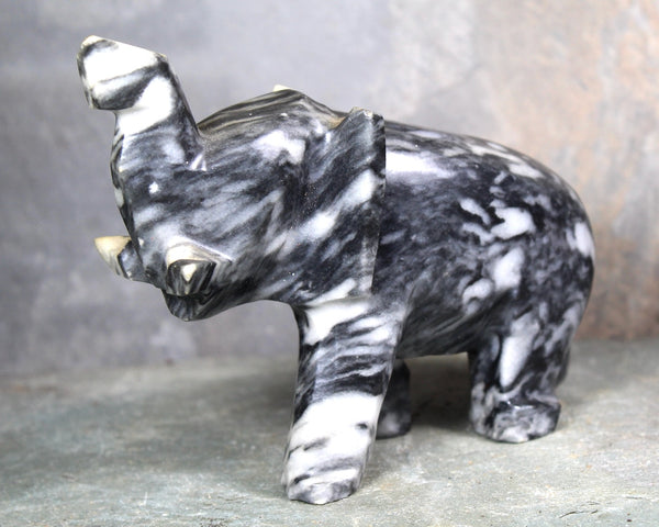 Hand Carved Stone Elephant | Collectible Stone Figurine | Carved Stone Lucky Elephant Black & White Stone | Bixley Shop