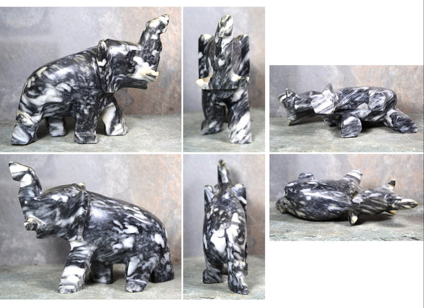 Hand Carved Stone Elephant | Collectible Stone Figurine | Carved Stone Lucky Elephant Black & White Stone | Bixley Shop