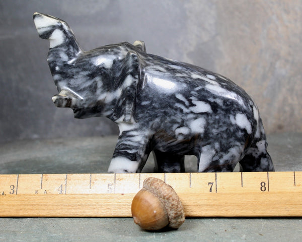 Hand Carved Stone Elephant | Collectible Stone Figurine | Carved Stone Lucky Elephant Black & White Stone | Bixley Shop