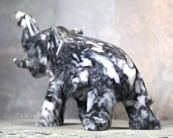 Hand Carved Stone Elephant | Collectible Stone Figurine | Carved Stone Lucky Elephant Black & White Stone | Bixley Shop